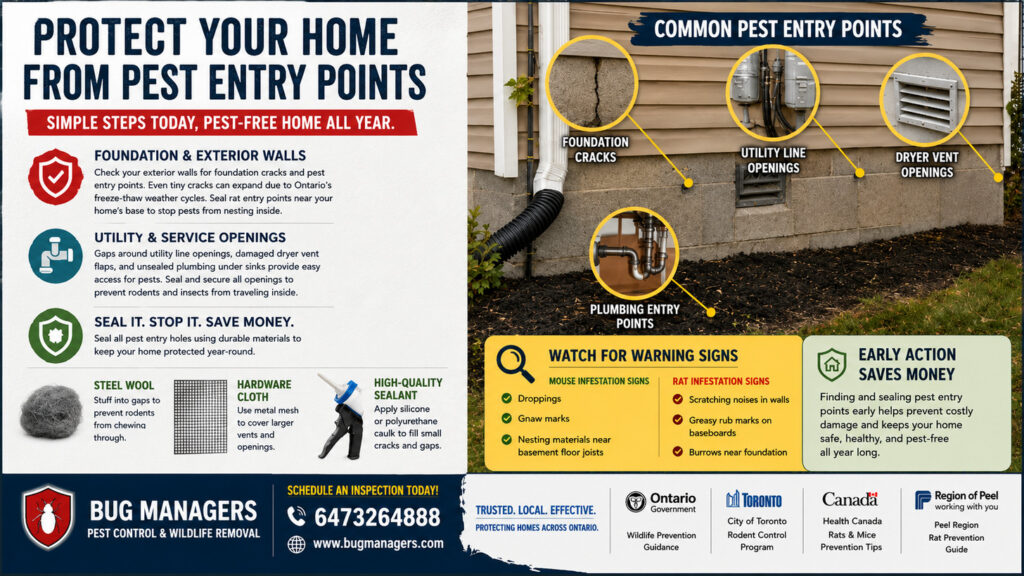 Professional 169 infographic highlighting common pest entry points around a home's foundation, including cracks, utility openings, dryer vents, and plumbing gaps. Features pest prevention tips, rodent warning signs, sealing materials, and Bug Managers Pest Control & Wildlife Removal branding with contact information in a clean, easy-to-read layout.