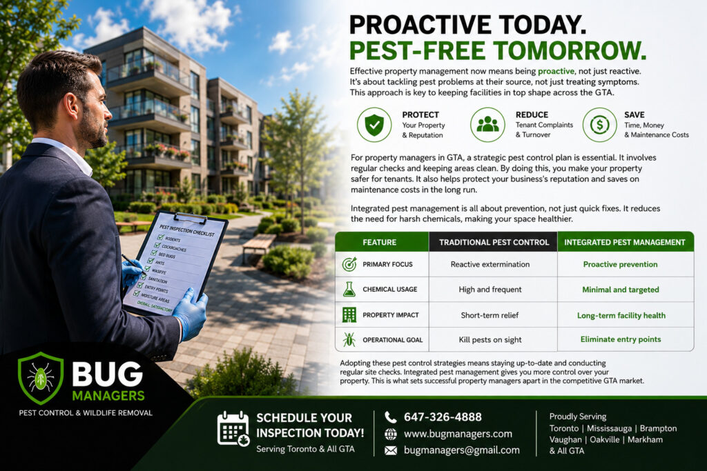 Professional GTA property manager conducting a proactive pest inspection at a modern apartment complex, highlighting preventative pest management, tenant satisfaction, and long-term property protection.