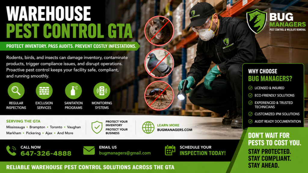 Protect your warehouse from rodents, birds, and insects with proactive pest management that safeguards inventory, ensures compliance, and keeps GTA operations running without costly disruptions.