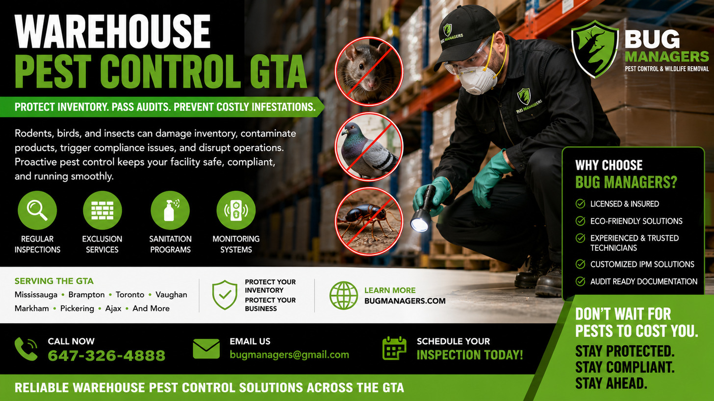 Protect your warehouse from rodents, birds, and insects with proactive pest management that safeguards inventory, ensures compliance, and keeps GTA operations running without costly disruptions.
