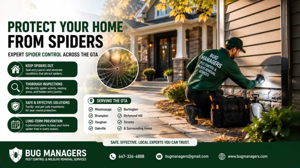 Spider control services across Toronto and the GTA featuring a Bug Managers technician sealing home entry points to prevent spider infestations with professional inspections, eco-friendly treatments, and long-term spider prevention