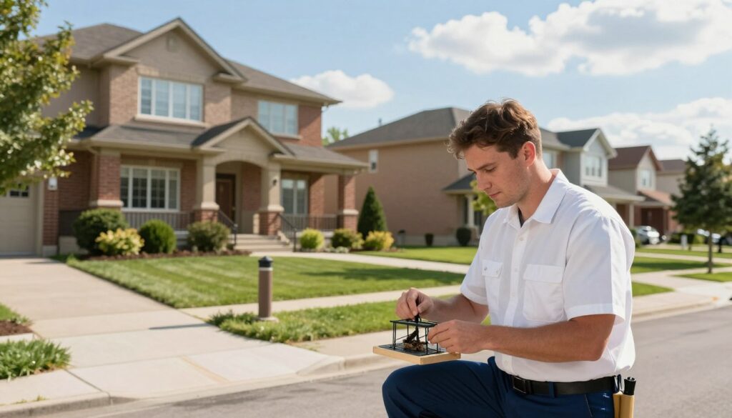 A bright and inviting suburban street in Brampton, showcasing a well-maintained house with a carefully landscaped front yard. In the foreground, a friendly pest control professional wearing a crisp uniform examines a small insect trap, conveying expertise and trustworthiness. The middle ground captures a welcoming neighborhood scene, with other homes and neatly trimmed lawns, suggesting a safe and community-oriented environment. The background features a clear blue sky with a few fluffy clouds, emphasizing a calm day. The lighting is natural and warm, casting soft shadows that create a pleasant atmosphere. The image should evoke feelings of reassurance and professionalism, perfect for readers seeking pest control services.