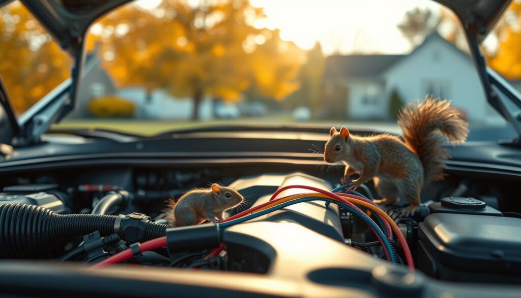 A close-up view of the engine bay of an electric vehicle parked in a suburban Ontario environment, highlighting curious rodents, such as a small mouse and a squirrel, exploring the wiring and components. The foreground features the detailed textures of the engine parts, illuminated by soft, natural lighting entering from an open hood. In the middle ground, the rodents cautiously interact with the colorful cables, creating a lively yet cautious atmosphere. The background includes a blurred suburban landscape with autumn-colored trees to reflect Ontario’s seasonal charm. The overall mood is one of curiosity and intrigue, while maintaining a clear focus on the rodents and the electric vehicle components. A close-up view of the engine bay of an electric vehicle parked in a suburban Ontario environment, highlighting curious rodents, such as a small mouse and a squirrel, exploring the wiring and components. The foreground features the detailed textures of the engine parts, illuminated by soft, natural lighting entering from an open hood. In the middle ground, the rodents cautiously interact with the colorful cables, creating a lively yet cautious atmosphere. The background includes a blurred suburban landscape with autumn-colored trees to reflect Ontario’s seasonal charm. The overall mood is one of curiosity and intrigue, while maintaining a clear focus on the rodents and the electric vehicle components.