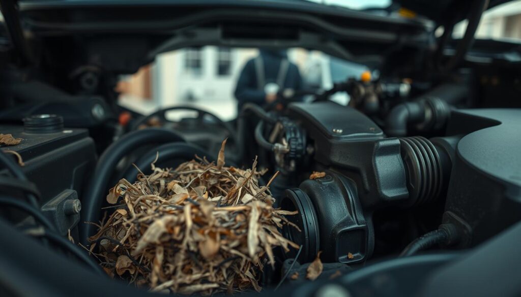 A close-up view of the engine bay of an electric vehicle, showcasing clear signs of rodent activity. In the foreground, focus on a nest made of shredded materials, such as insulation and leaves, nestled beside wires. Scattered droppings can be seen on the engine components, highlighting an infestation. In the middle ground, detail the intricate wiring and components of the engine, with small chew marks visible on the plastic and rubber parts. The background fades to a blurred view of a garage or outdoor setting, subtly hinting at an urban environment typical of Ontario. Soft, natural lighting creates a slightly ominous atmosphere, emphasizing the potential danger of rodent presence. Use a shallow depth of field to draw attention to the rodent signs with a slight vignette effect for added focus. A close-up view of the engine bay of an electric vehicle, showcasing clear signs of rodent activity. In the foreground, focus on a nest made of shredded materials, such as insulation and leaves, nestled beside wires. Scattered droppings can be seen on the engine components, highlighting an infestation. In the middle ground, detail the intricate wiring and components of the engine, with small chew marks visible on the plastic and rubber parts. The background fades to a blurred view of a garage or outdoor setting, subtly hinting at an urban environment typical of Ontario. Soft, natural lighting creates a slightly ominous atmosphere, emphasizing the potential danger of rodent presence. Use a shallow depth of field to draw attention to the rodent signs with a slight vignette effect for added focus.