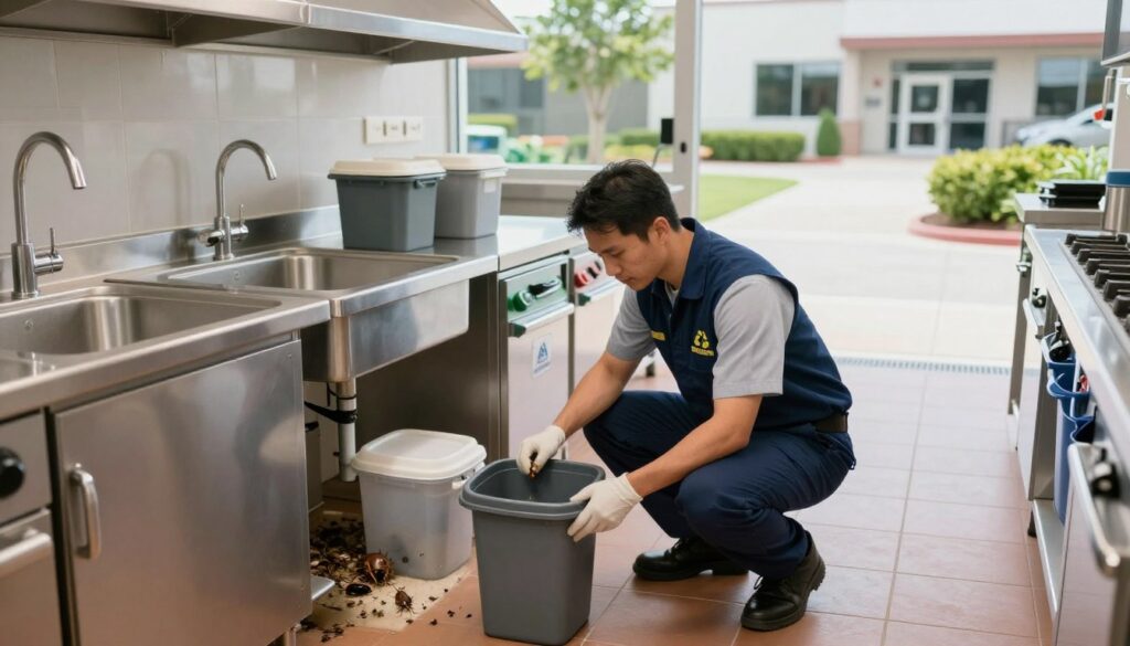 A comprehensive view of an ultra-realistic commercial kitchen focused on effective waste management and exterior maintenance for pest control. In the foreground, a licensed technician in professional business attire inspects areas under sinks and around waste bins, looking for signs of rodents, cockroaches, and flies. In the middle ground, a well-organized and clean kitchen space displays proper waste disposal practices, with sealed containers and visible recycling bins, emphasizing hygiene and safety. The background features an exterior view of the facility, showcasing landscaping well-maintained with trimmed shrubs and clean walkways that discourage pest access. Soft, natural lighting illuminates the scene, enhancing the professional and proactive atmosphere, showcasing the brand "BUG MANAGERS" subtly integrated into the kitchen environment. A comprehensive view of an ultra-realistic commercial kitchen focused on effective waste management and exterior maintenance for pest control. In the foreground, a licensed technician in professional business attire inspects areas under sinks and around waste bins, looking for signs of rodents, cockroaches, and flies. In the middle ground, a well-organized and clean kitchen space displays proper waste disposal practices, with sealed containers and visible recycling bins, emphasizing hygiene and safety. The background features an exterior view of the facility, showcasing landscaping well-maintained with trimmed shrubs and clean walkways that discourage pest access. Soft, natural lighting illuminates the scene, enhancing the professional and proactive atmosphere, showcasing the brand "BUG MANAGERS" subtly integrated into the kitchen environment.