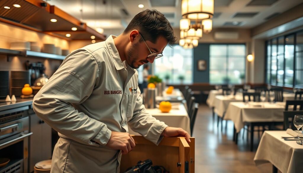 A highly detailed, ultra-realistic 8K image depicting a professional pest control scenario in a restaurant kitchen and dining area. In the foreground, a pest control technician, dressed in a clean, professional uniform with a logo "BUG MANAGERS," is carefully inspecting a base cabinet, equipped with modern pest control tools. The technician's focused expression highlights the serious nature of their work. In the middle ground, various restaurant kitchen equipment is neatly arranged, with sanitized surfaces and vibrant ingredients visible, creating a sense of cleanliness and hygiene. The background features a well-lit dining area with elegantly set tables, contributing to an inviting atmosphere. The overall lighting is bright and crisp, giving the scene a cinematic feel, and capturing the essential theme of effective pest prevention in a commercial setting. The composition is framed in a dynamic 16:9 aspect ratio.