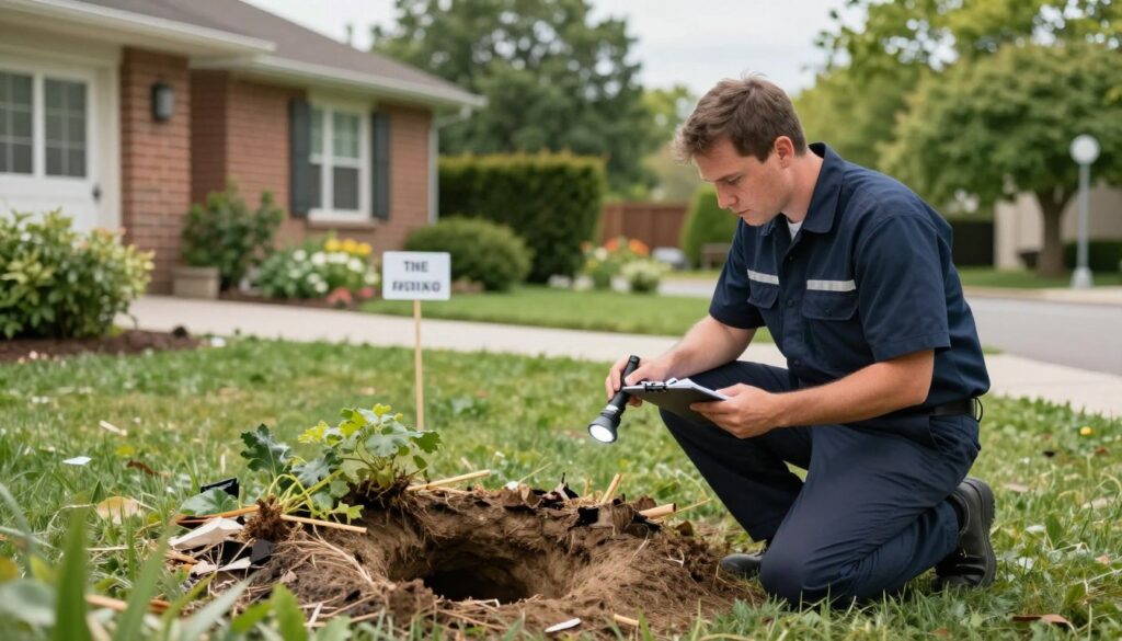 A serene suburban scene depicting a wildlife removal expert carefully examining an outdoor area in Brampton. In the foreground, the professional, dressed in a smart uniform, is kneeling beside a burrow. They are inspecting the site with tools like a flashlight and notepad. The middle ground features a tidy residential home with a well-maintained garden, showcasing signs of wildlife damage, such as uprooted plants and scattered debris. In the background, lush greenery typical of Brampton's parks is visible under soft, natural daylight. The image conveys a sense of calm professionalism, focusing on problem identification in wildlife removal. The overall atmosphere should feel informative and reassuring, highlighting the expertise in addressing pest issues with care.