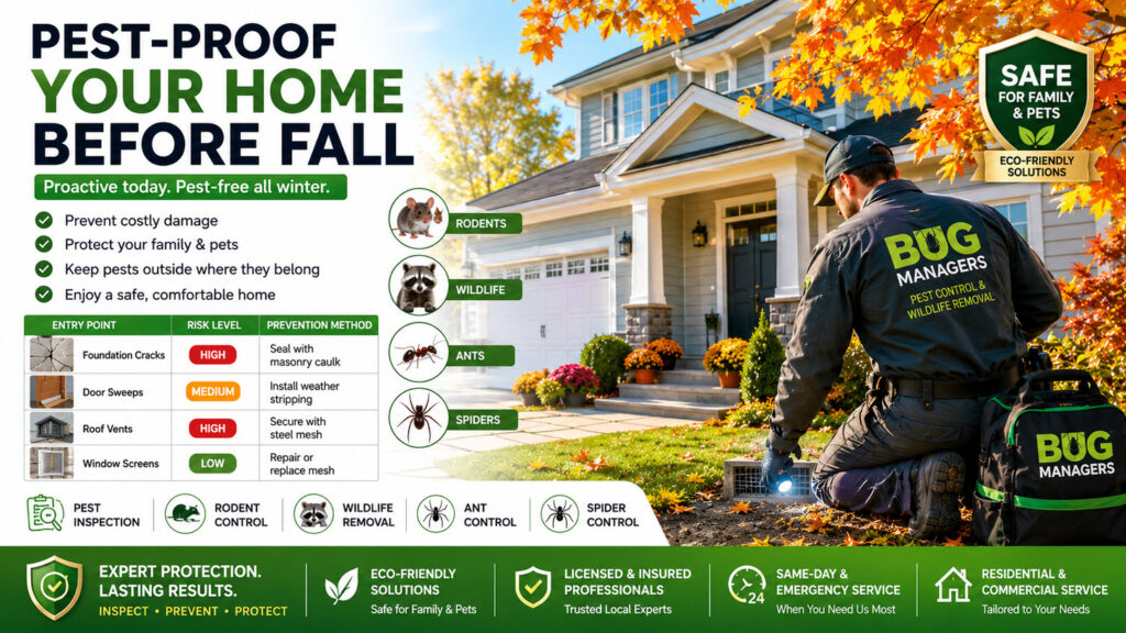 Professional fall pest-proofing service protecting a modern Mississauga home with pest inspection, rodent control, wildlife removal, and eco-friendly Integrated Pest Management (IPM) before winter. Professional fall pest-proofing service protecting a modern Mississauga home with pest inspection, rodent control, wildlife removal, and eco-friendly Integrated Pest Management (IPM) before winter.