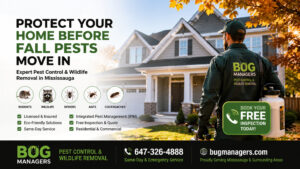 Professional pest control technician protecting a modern Mississauga home from fall pests with eco-friendly pest and wildlife prevention services