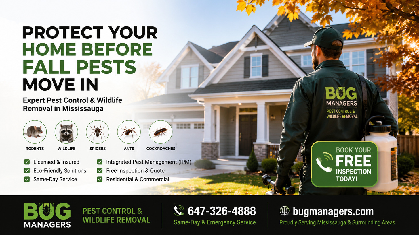 Professional pest control technician protecting a modern Mississauga home from fall pests with eco-friendly pest and wildlife prevention services
