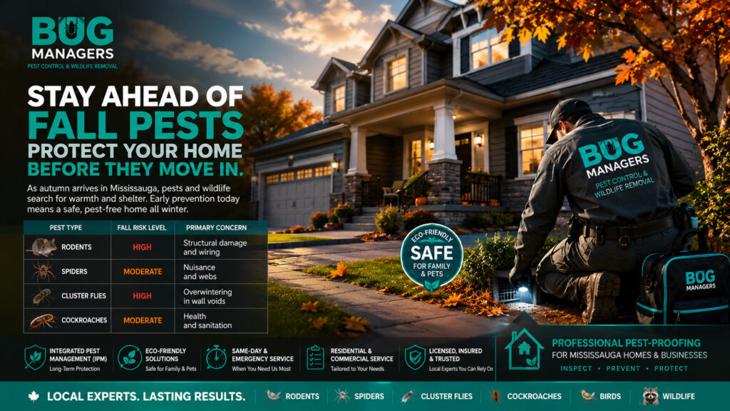 Professional pest-proofing service protecting a modern Mississauga home from fall rodents, spiders, cockroaches, cluster flies, and wildlife using eco-friendly Integrated Pest Management (IPM). Professional pest-proofing service protecting a modern Mississauga home from fall rodents, spiders, cockroaches, cluster flies, and wildlife using eco-friendly Integrated Pest Management (IPM).