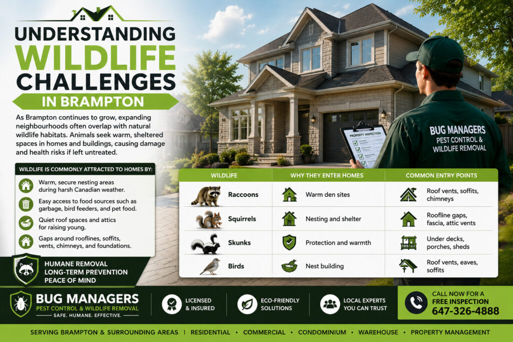 Professional wildlife removal services in Brampton featuring a licensed Bug Managers technician inspecting a modern Canadian home while educating homeowners about common wildlife entry points, humane wildlife removal, attic inspections, wildlife-proofing, and long-term prevention for raccoons, squirrels, skunks, and birds.