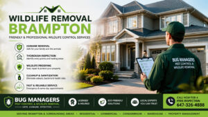 Professional wildlife removal services in Brampton featuring a licensed Bug Managers technician inspecting a modern Canadian home for raccoons, squirrels, birds, and attic wildlife using humane removal, eco-friendly Integrated Pest Management (IPM), and long-term wildlife exclusion solutions.