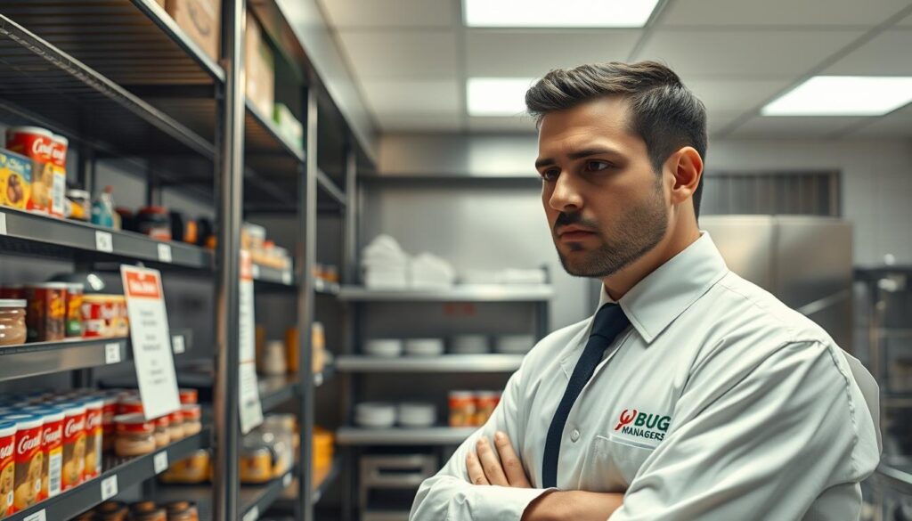 Ultra-realistic 8K scene depicting a clean and professional pest control environment, showcasing a restaurant kitchen and storage area. In the foreground, a qualified pest control technician in smart business attire inspects food safety traps, ensuring compliance with Canadian health standards. In the middle ground, shelves stocked with food products are meticulously organized, while safety posters highlighting pest control protocols are visible. The background features a well-lit kitchen setting, with stainless steel appliances and a clean hygiene atmosphere, emphasizing the importance of food safety. Soft, natural lighting illuminates the scene, creating a calm and responsible mood. Include the brand name "BUG MANAGERS" prominently in the technician’s uniform. The image should be cinematic and presented in a 16:9 aspect ratio.
