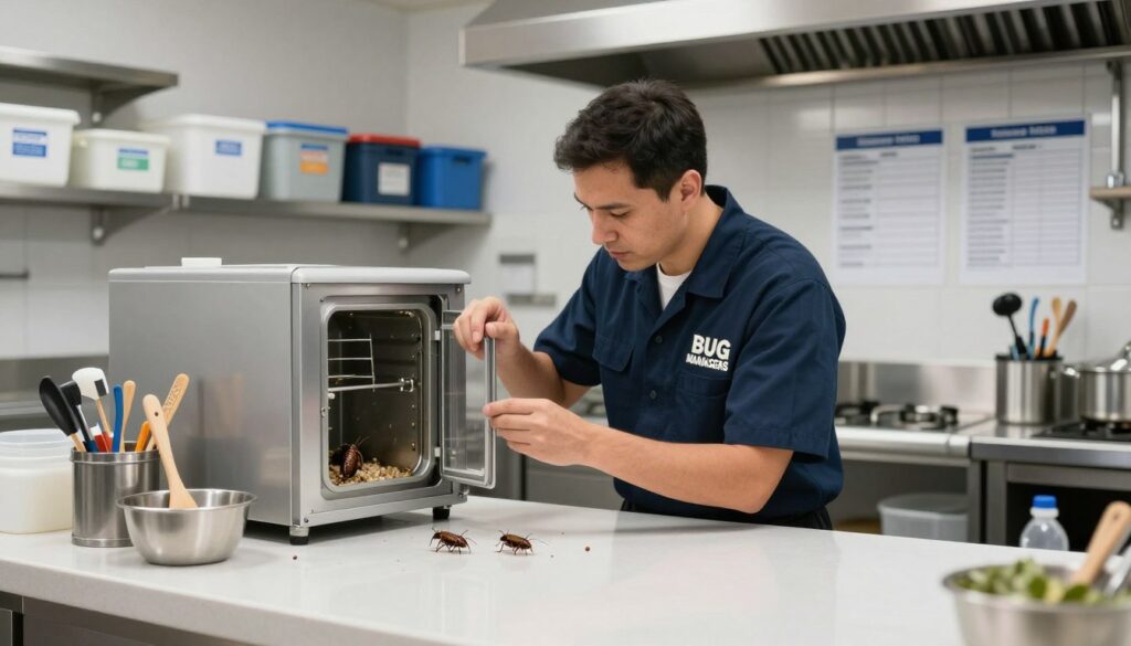Ultra-realistic commercial kitchen scene featuring a licensed technician in professional attire meticulously inspecting for rodents, cockroaches, and flies. The foreground highlights clean countertops and organized kitchen tools, with a focus on the technician examining potential pest harbourage points behind appliances. In the middle ground, inspect areas with soft overhead lighting that creates a sterile, safe atmosphere. The background shows well-maintained storage areas, labeled containers, and health compliance checklists displayed prominently. The brand name "BUG MANAGERS" is visible on the technician's uniform, adding a professional touch. The overall mood is one of diligence and care, emphasizing hygiene and pest prevention in food safety. The perspective is captured at eye-level, providing an engaging view of the inspection process. Ultra-realistic commercial kitchen scene featuring a licensed technician in professional attire meticulously inspecting for rodents, cockroaches, and flies. The foreground highlights clean countertops and organized kitchen tools, with a focus on the technician examining potential pest harbourage points behind appliances. In the middle ground, inspect areas with soft overhead lighting that creates a sterile, safe atmosphere. The background shows well-maintained storage areas, labeled containers, and health compliance checklists displayed prominently. The brand name "BUG MANAGERS" is visible on the technician's uniform, adding a professional touch. The overall mood is one of diligence and care, emphasizing hygiene and pest prevention in food safety. The perspective is captured at eye-level, providing an engaging view of the inspection process.