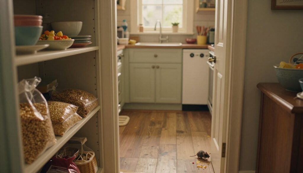 A cozy home interior during summer, showcasing a variety of elements that typically attract mice. In the foreground, an open pantry filled with bags of grains, pet food, and sweet snacks, with a few crumbs scattered around. In the middle ground, a subtle glimpse of an entryway with a small gap under a door, hinting at potential rodent entry. The background features a warm, sunny kitchen with mismatched bowls and dishes, where a window lets in soft, diffused light, creating an inviting atmosphere. The scene should evoke a sense of vulnerability, emphasizing both the allure of food and the hidden risks of pests. The composition should be shot from a slightly elevated angle to capture the entire environment vibrantly.