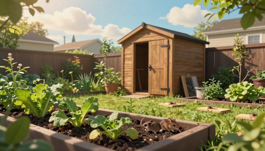 A peaceful suburban backyard in summer, showing signs of rodent activity. In the foreground, a neatly maintained garden bed with fresh vegetables and herbs, perhaps with a few nibbled leaves, indicating mice or rats are lurking nearby. In the middle ground, a small wooden shed with slightly ajar doors, suggesting entry for the rodents, accompanied by strategically placed traps in a discreet area. The background features a cheerful, sunny sky with a few fluffy clouds, creating a warm atmosphere. Soft morning light casts gentle shadows, enhancing the scene's detail. The overall mood is informative yet serene, illustrating the subtle presence of mice and rats in a typical summer setting, emphasizing the need for rodent control measures.