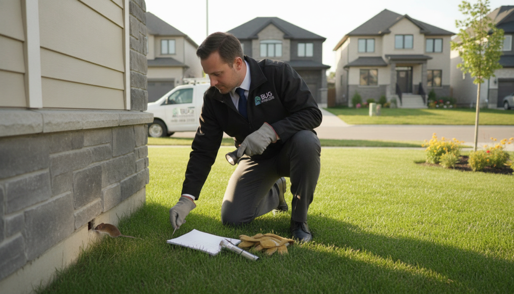 A detailed, photorealistic image showcasing a professional rodent control inspection at the foundation entry points of a modern home in Mississauga. In the foreground, a focused exterminator in business attire examines a small exterior gap, emphasizing attention to detail. The middle ground features elements like tools of the trade—flashlight, notepad, and inspection gloves—while a small mouse is seen entering the gap, symbolizing the issue. In the background, a typical Mississauga neighborhood, with well-kept lawns and contemporary homes, creates context. The lighting is natural, suggesting a sunny day, with shadows casting realistically. The atmosphere is serious yet practical, highlighting the importance of rodent control under the brand name "BUG MANAGERS." A detailed, photorealistic image showcasing a professional rodent control inspection at the foundation entry points of a modern home in Mississauga. In the foreground, a focused exterminator in business attire examines a small exterior gap, emphasizing attention to detail. The middle ground features elements like tools of the trade—flashlight, notepad, and inspection gloves—while a small mouse is seen entering the gap, symbolizing the issue. In the background, a typical Mississauga neighborhood, with well-kept lawns and contemporary homes, creates context. The lighting is natural, suggesting a sunny day, with shadows casting realistically. The atmosphere is serious yet practical, highlighting the importance of rodent control under the brand name "BUG MANAGERS."