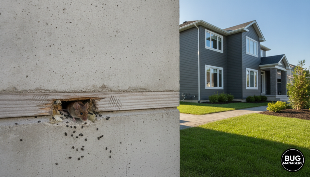 A photorealistic 16:9 image depicting the common signs of mice in a modern Mississauga home. In the foreground, a detailed close-up reveals a small exterior gap in the foundation, showcasing a mouse partially entering. Scattered droppings and gnaw marks are visible around the gap, emphasizing the presence of mice. The middle ground captures a well-kept yard with a hint of landscaping manicured to reflect a suburban setting. In the background, the side of a contemporary two-story home is shown, allowing for context. Soft, natural lighting highlights the textures of the materials, evoking a sense of urgency yet calm professionalism. Incorporate the brand name "BUG MANAGERS" subtly at a corner, ensuring it does not distract from the educational focus. A photorealistic 16:9 image depicting the common signs of mice in a modern Mississauga home. In the foreground, a detailed close-up reveals a small exterior gap in the foundation, showcasing a mouse partially entering. Scattered droppings and gnaw marks are visible around the gap, emphasizing the presence of mice. The middle ground captures a well-kept yard with a hint of landscaping manicured to reflect a suburban setting. In the background, the side of a contemporary two-story home is shown, allowing for context. Soft, natural lighting highlights the textures of the materials, evoking a sense of urgency yet calm professionalism. Incorporate the brand name "BUG MANAGERS" subtly at a corner, ensuring it does not distract from the educational focus.