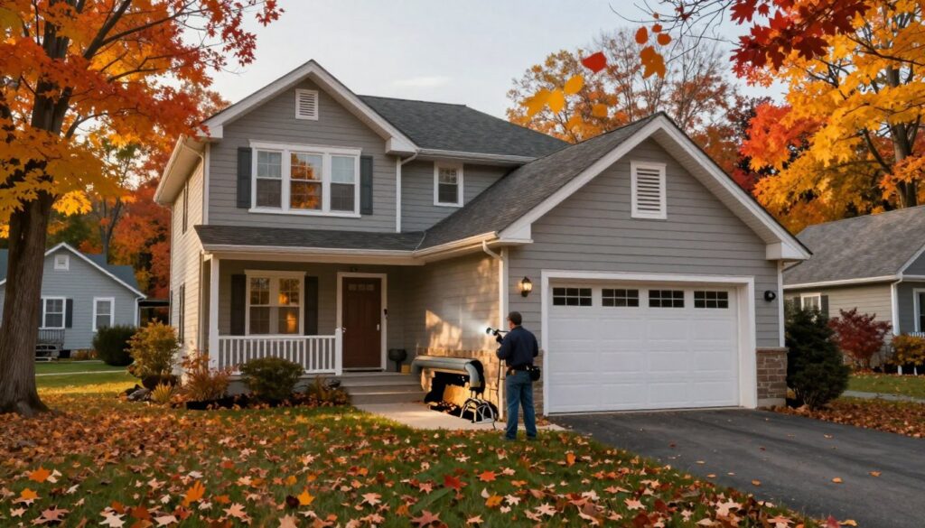 A picturesque Ontario home in autumn, showcasing vibrant fall foliage with hues of orange, yellow, and red surrounding the property. In the foreground, detailed illustrations of various pest entry points including foundation gaps, around a garage door, and utility pipes, all underclear focus. In the middle ground, a professional pest control technician in smart casual attire, inspecting the home for overwintering insects and potential moisture issues, using a flashlight to illuminate dark corners. The background features a serene suburban setting with other homes and trees shedding leaves, under a golden hour sunlight that casts warm, soft shadows across the scene. The overall mood is proactive and safe, emphasizing the importance of pest-proofing in preparation for the first frost.