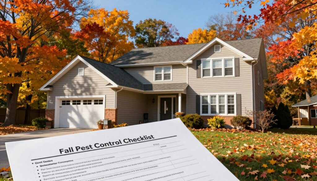 An Ontario home in autumn, showcasing a Fall Pest Control Checklist with vivid details on pest entry points such as foundation gaps, garage openings, utility pipes, and soffits. In the foreground, display a neatly arranged checklist with bullet points highlighting key pest prevention tips. The middle ground features the exterior of the home surrounded by colorful fall foliage, with leaves in shades of orange, yellow, and red. The background shows a clear blue sky, enhancing the crispness of the fall air. Use warm, natural lighting to create an inviting atmosphere. The scene should be captured from a slightly elevated angle, providing a comprehensive view of the home’s potential vulnerabilities while maintaining a professional, informational tone. No human subjects should be included, and the image must be free of text and watermarks.