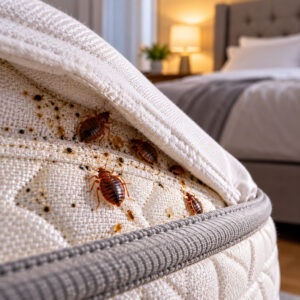 Mattress showing signs of a bed bug infestation, including live bed bugs, dark fecal spots, shed skins, and activity around mattress seams and crevices.