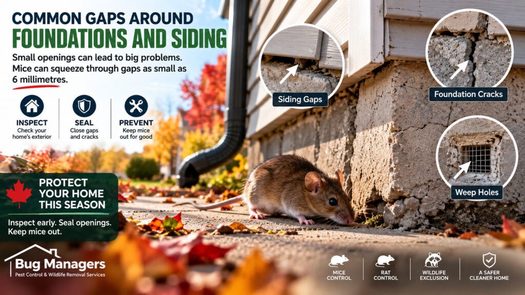 Mouse beside foundation cracks and siding gaps of an Ontario home in autumn, highlighting common rodent entry points and mouse prevention.