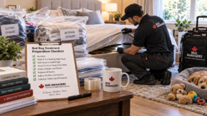 Bed bug treatment preparation in a Canadian home with a Bug Managers technician inspecting a bed, sealed clothing and bedding, and a preparation checklist.