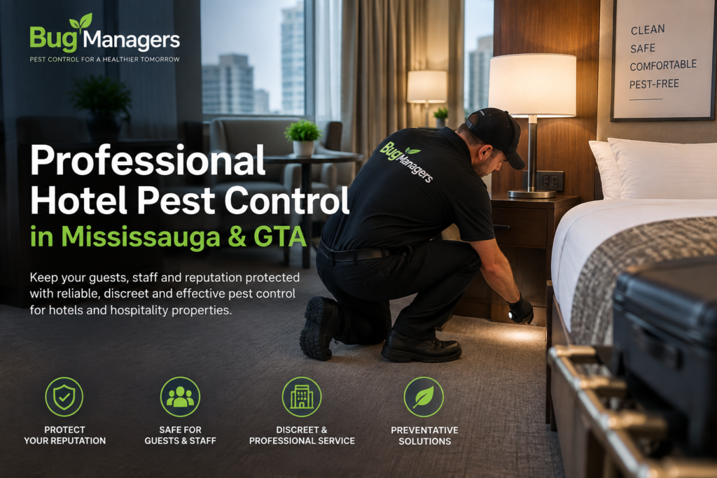 Professional hotel pest control technician inspecting a hotel room in Mississauga and GTA