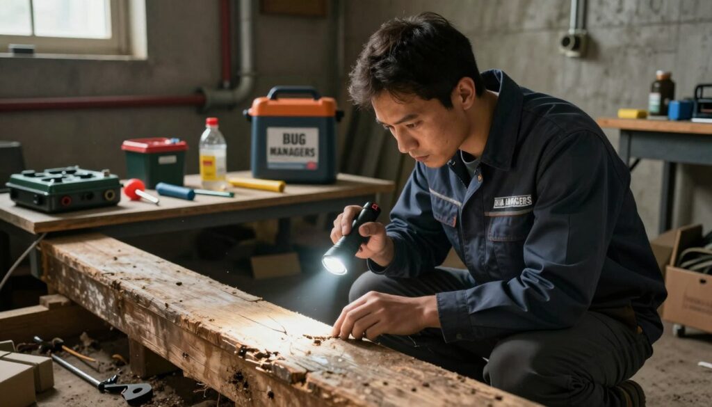 A diligent technician in professional attire, representing "BUG MANAGERS," examines a dimly lit basement for pest entry points. The foreground showcases the technician kneeling beside an old wooden beam, using a flashlight to inspect cracks and gaps. In the middle ground, various tools and pest control equipment are neatly arranged on a workbench, conveying an organized approach to pest management. The background features exposed pipes and a concrete wall, adding an industrial feel. Soft, natural daylight filters in through a small window, casting subtle shadows, and creating a focused, serious atmosphere. The scene captures the essence of pest inspection in a residential setting, emphasizing professionalism and expertise.