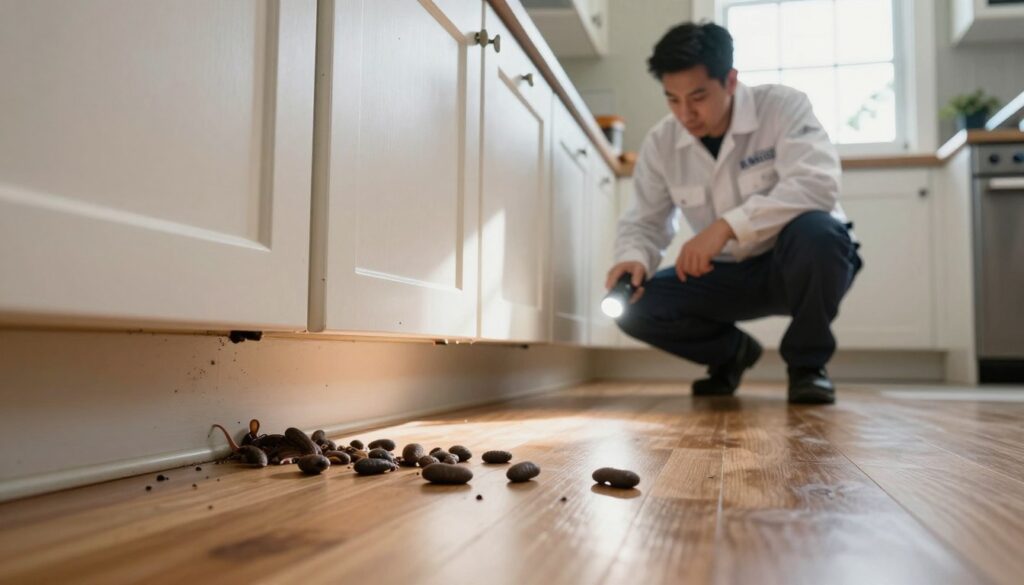 A realistic scene depicting mouse droppings scattered on the wooden floor beside a cupboard in a well-lit kitchen. In the foreground, focus on the small, dark, oval-shaped droppings, emphasizing their size and texture. In the middle ground, the cupboard shows signs of wear, with subtle highlights reflecting the daylight streaming in through a nearby window. In the background, a Bug Managers technician, dressed in a crisp, professional uniform, inspects the area carefully, using a flashlight to examine dark corners. The atmosphere is professional and clean, with a sense of urgency, indicative of pest control work. The overall lighting is bright, reflecting a sunny day typical of the Greater Toronto Area. The brand name "BUG MANAGERS" is subtly included in the technician's uniform.