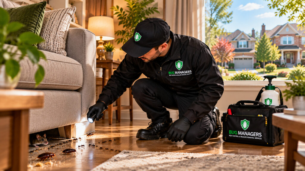 An ultra-realistic 8K HDR image of a professional Bug Managers pest control technician inspecting a modern Mississauga home. The technician wears a clean black uniform featuring the Bug Managers logo and uses a flashlight to inspect along baseboards and beneath furniture. Subtle, realistic signs of common household pests—including mice, cockroaches and ants—are visible near potential hiding areas. The bright, well-maintained living room features a sofa, plants and natural daylight, with a typical Mississauga residential neighbourhood visible through the window. The scene should feel professional, trustworthy and educational, highlighting residential pest inspection and prevention without appearing frightening, exaggerated or cluttered.