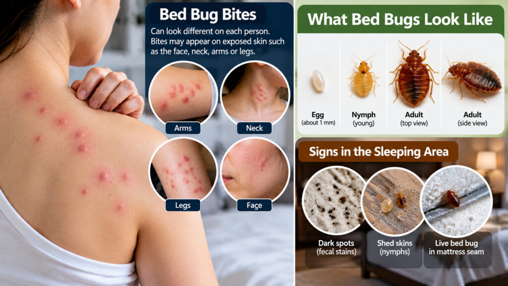 "Bed bug bites on arms, neck, face and back, with images of bed bug eggs, nymphs, adults and infestation signs including mattress stains and shed skins." "Bed bug bites on arms, neck, face and back, with images of bed bug eggs, nymphs, adults and infestation signs including mattress stains and shed skins."