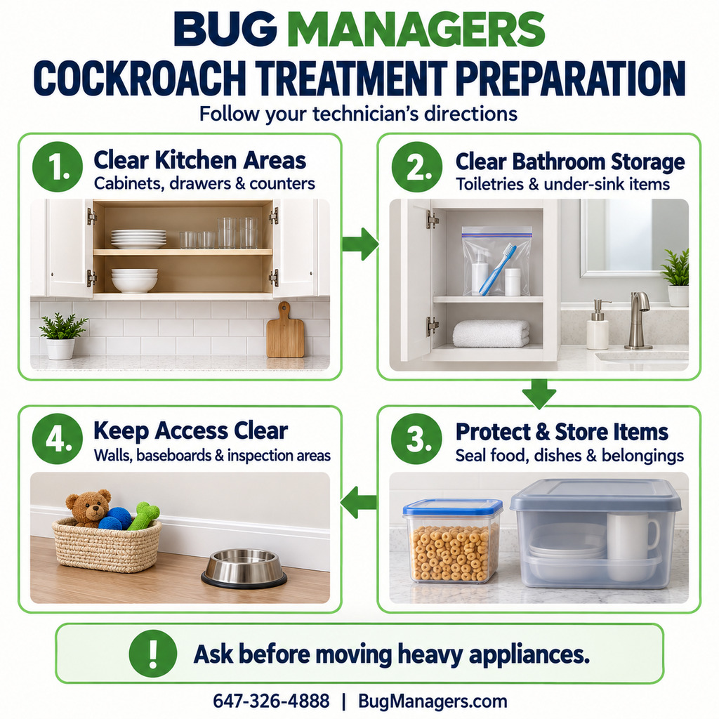Bug Managers cockroach treatment preparation flowchart showing four steps: clear kitchen areas, clear bathroom storage, seal and store belongings, and keep inspection areas accessible.