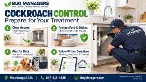 Bug Managers cockroach treatment preparation infographic showing four steps: clear access, protect food and dishes, plan for pets, and follow written directions, alongside a technician inspecting under a kitchen sink.