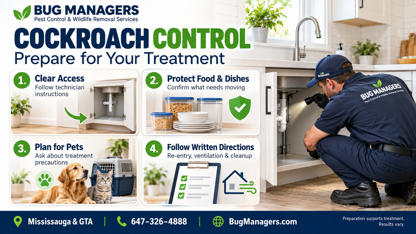 Bug Managers cockroach treatment preparation infographic showing four steps: clear access, protect food and dishes, plan for pets, and follow written directions, alongside a technician inspecting under a kitchen sink.