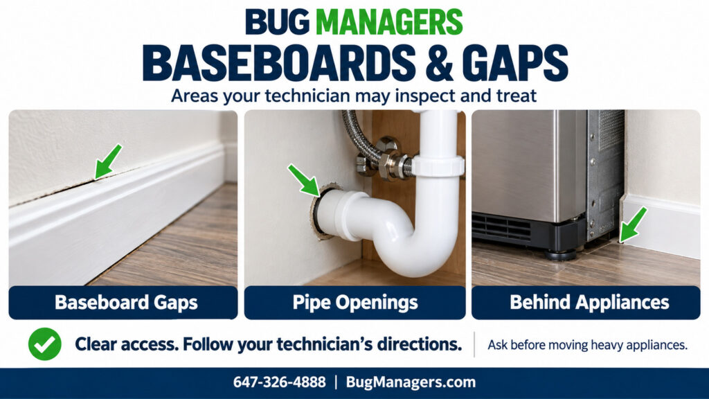 Bug Managers infographic highlighting baseboard gaps, openings around plumbing pipes, and spaces behind appliances that a technician may inspect and treat for cockroaches.