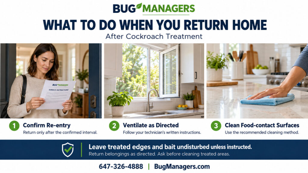 Bug Managers infographic showing post-treatment steps: confirm re-entry time, ventilate as directed, clean food-contact surfaces, and leave treated edges and bait undisturbed unless instructed.