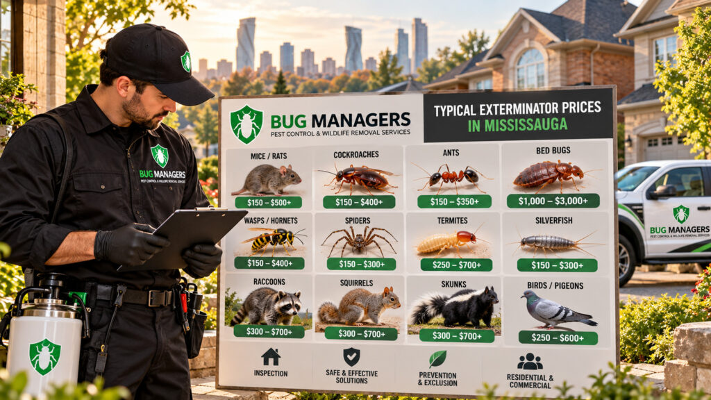 Bug Managers technician reviewing pest control costs for mice, cockroaches, bed bugs, ants, wasps and wildlife in Mississauga, Ontario.