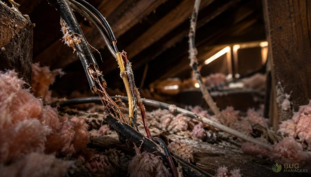 Ultra-realistic 16:9 image of a close-up view of rodent-chewed electrical wiring, showcasing damaged car and AC wires near shredded attic insulation. In the foreground, the frayed wires dangle, while bits of insulation are scattered around, reflecting the extent of the damage. The middle ground features dark, dusty attic beams creating a dreary atmosphere, with soft, warm lighting filtering through small gaps, illuminating the wiring chaos. The background is slightly blurred, emphasizing the focus on the wires and insulation. Create a subtle, ominous mood to convey the seriousness of rodent infestations in attics. Include the brand name "BUG MANAGERS" discreetly in the image without any text overlays or watermarks.