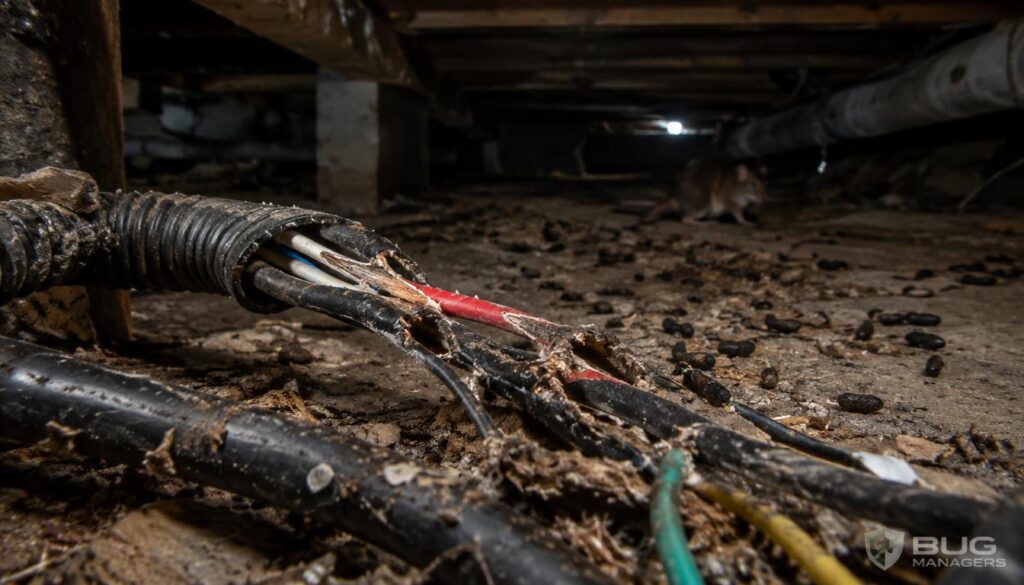 Ultra-realistic image of a dimly lit crawl space, showcasing detailed rat droppings and fresh gnaw marks on exposed electrical wires, including car and AC wiring. In the foreground, a close-up of the damaged wires shows frayed insulation and traces of contamination. The middle ground reveals scattered droppings, emphasizing the presence of rats. The background is slightly shadowy with structural elements typical of a crawl space. Soft, diffused lighting creates a moody atmosphere, highlighting the urgency of pest control. The scene reflects the theme of rodent damage with a focus on prevention, incorporating elements that evoke concern about safety. Include the brand name "BUG MANAGERS" subtly in the composition without text overlays.